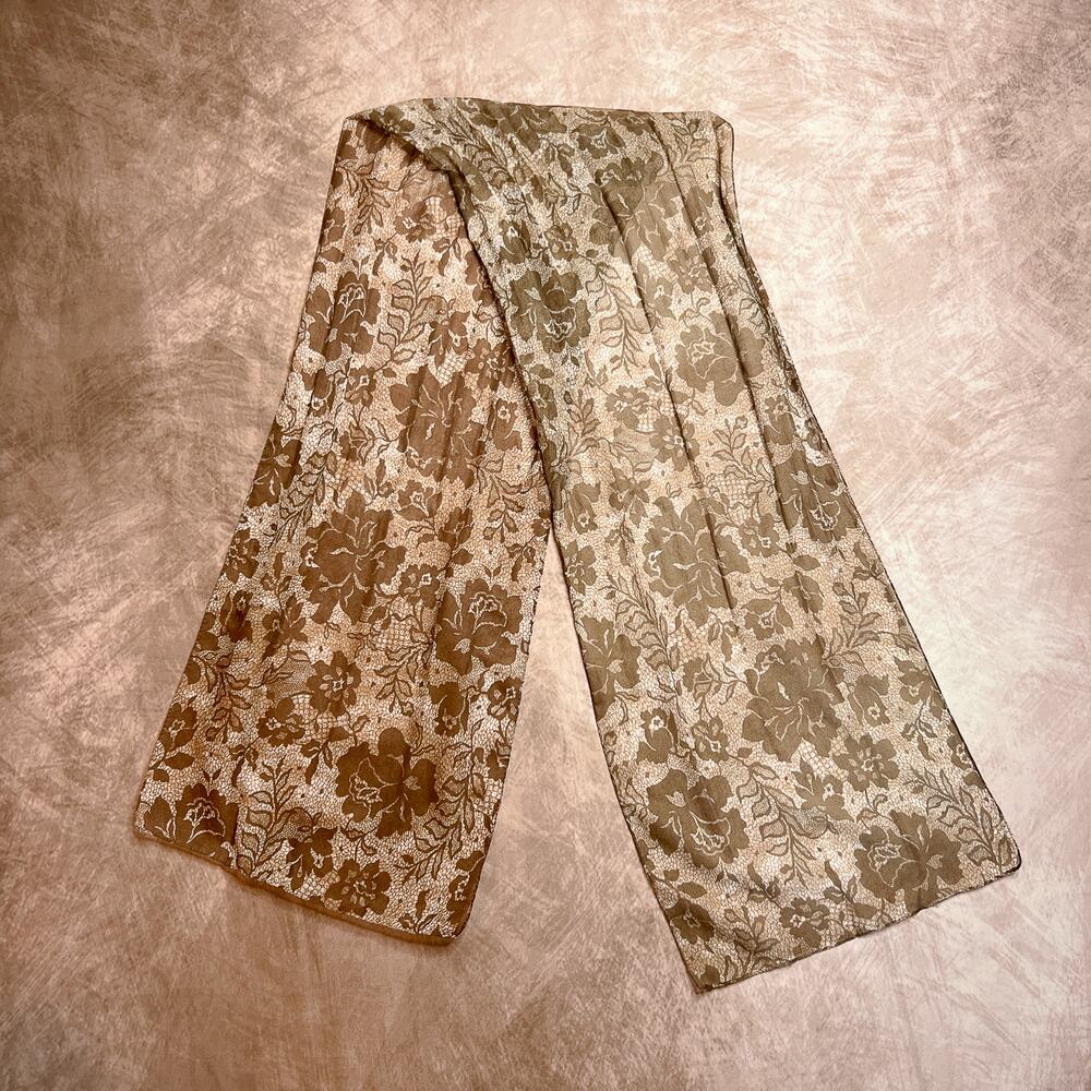 Vintage Y2K Floral Print Sheer Mesh Scarf Brown Tan Fairycore Peasant Festival